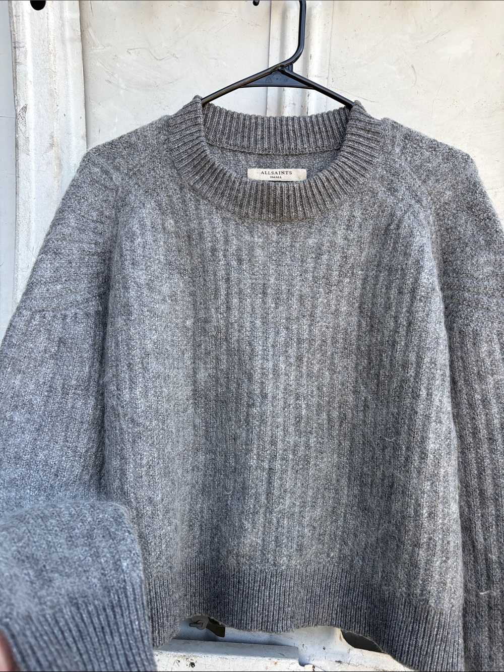 All Saints Men's Heather Grey Ribbed Crewneck Sweater